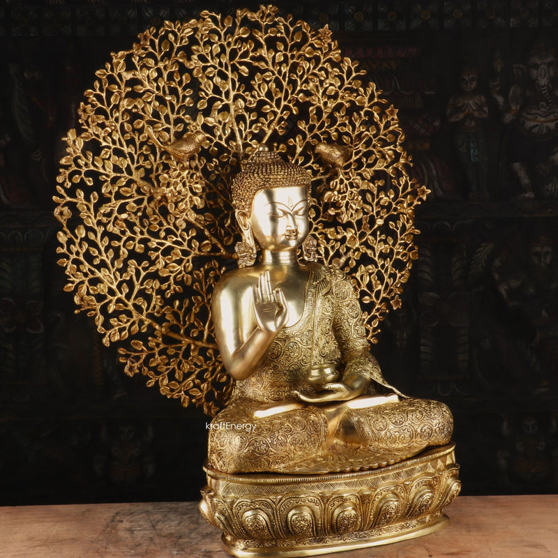Brass Buddha Statue With Bodhi Tree For Home Decor Showpiece 30"