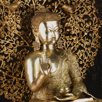 Brass Buddha Statue With Bodhi Tree For Home Decor Showpiece 30"