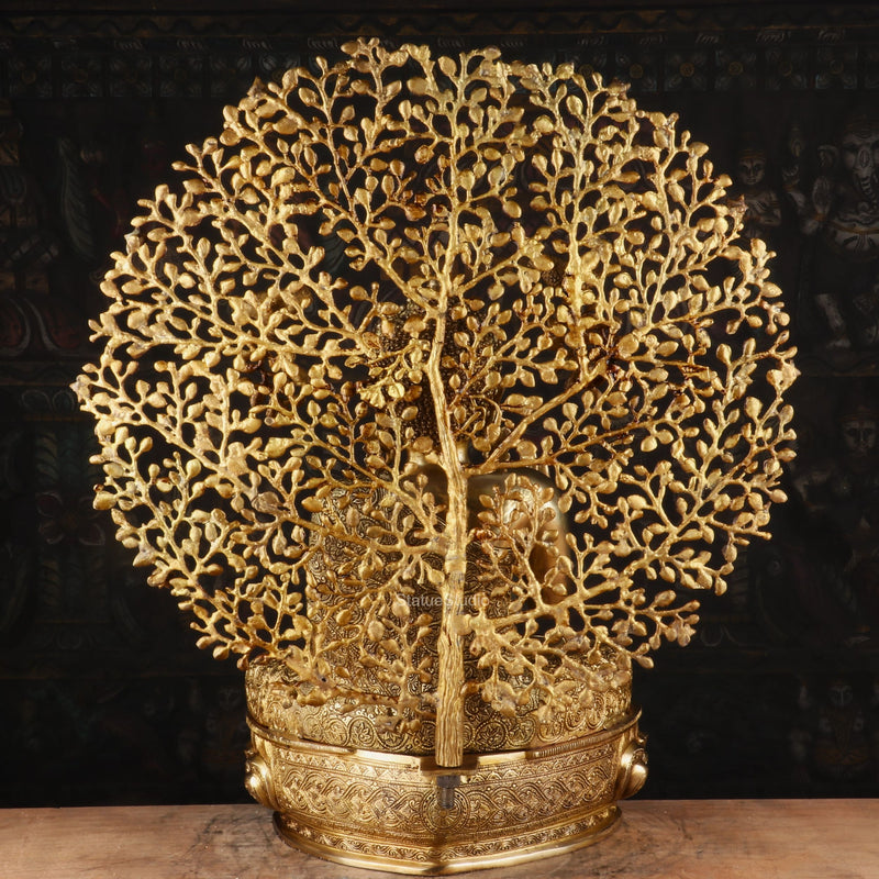 Brass Buddha Statue With Bodhi Tree For Home Decor Showpiece 30"