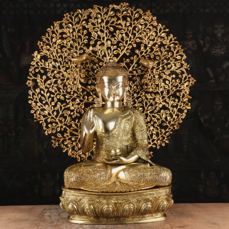 Brass Buddha Statue With Bodhi Tree For Home Decor Showpiece 30"