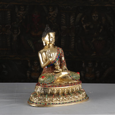Brass Buddha Statue Multicolor Stone Work For Home Decor Showpiece 15"