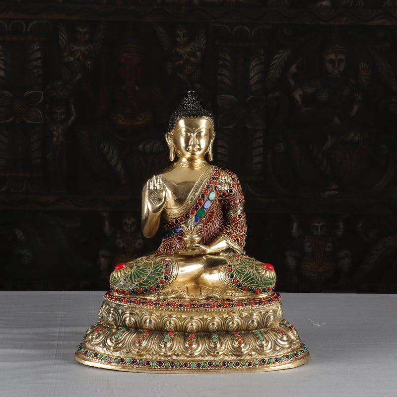 Brass Buddha Statue Multicolor Stone Work For Home Decor Showpiece 15"