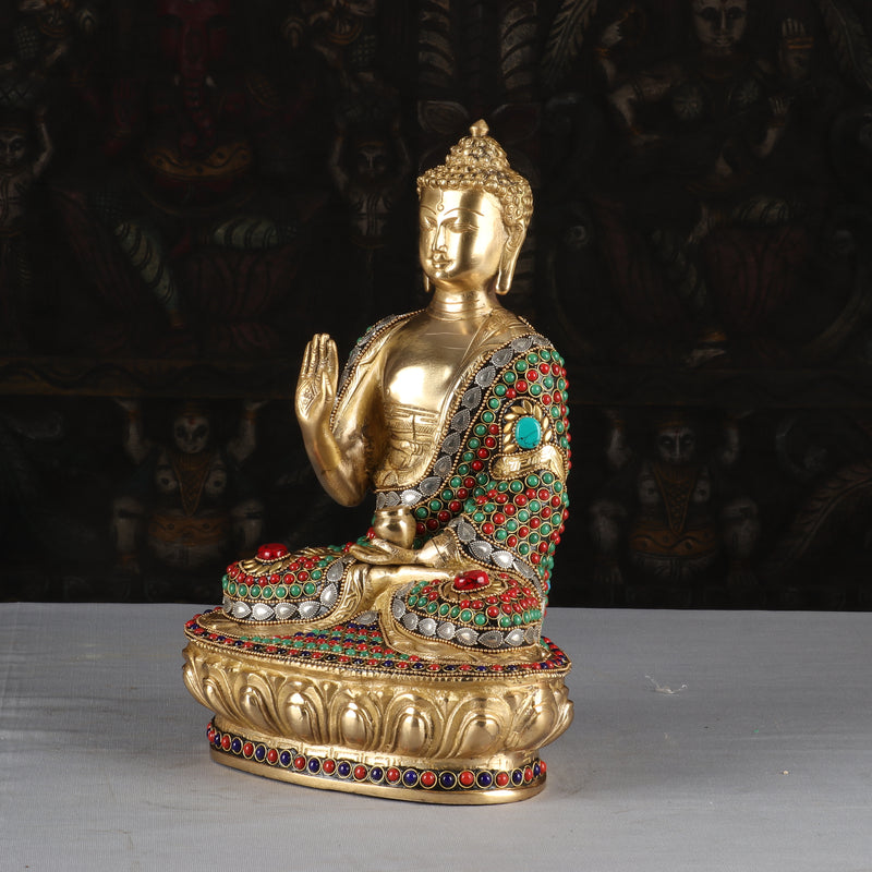 Brass Blessing Buddha Statue Sitting On Base Stone Work For Home Decor 1 Feet