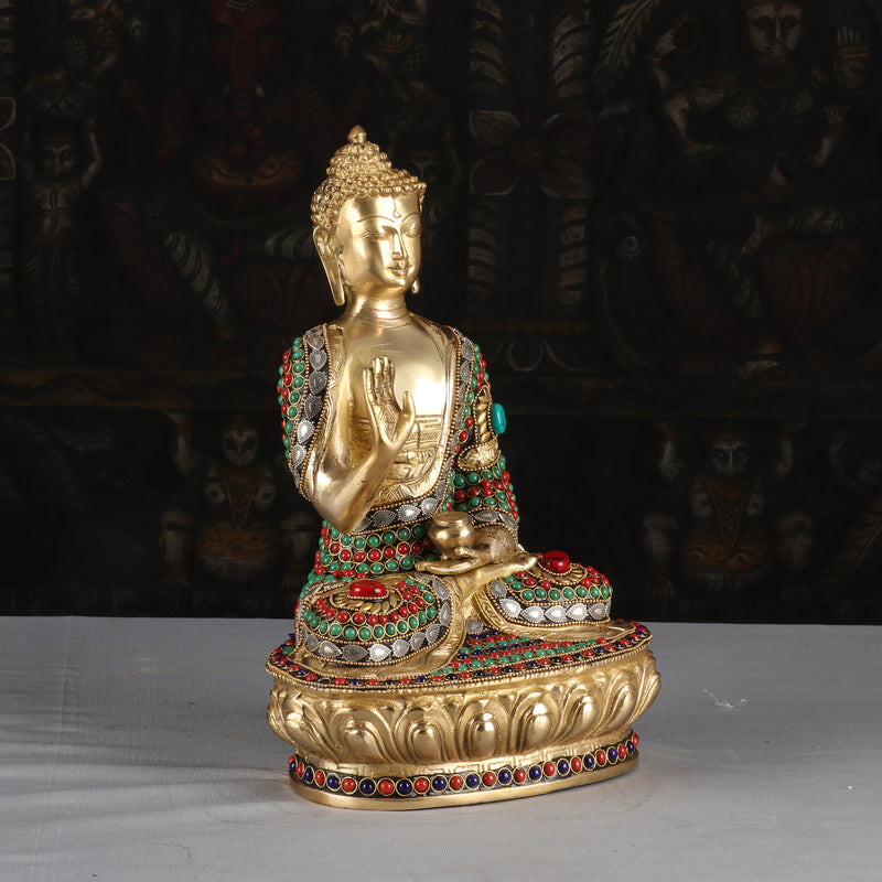 Brass Blessing Buddha Statue Sitting On Base Stone Work For Home Decor 1 Feet