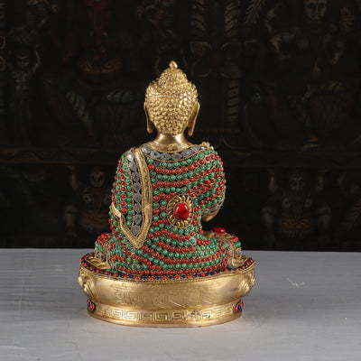 Brass Blessing Buddha Statue Sitting On Base Stone Work For Home Decor 1 Feet