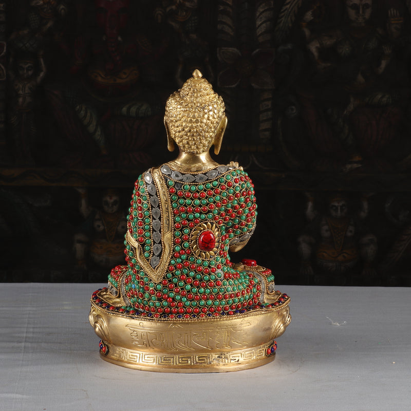 Brass Blessing Buddha Statue Sitting On Base Stone Work For Home Decor 1 Feet