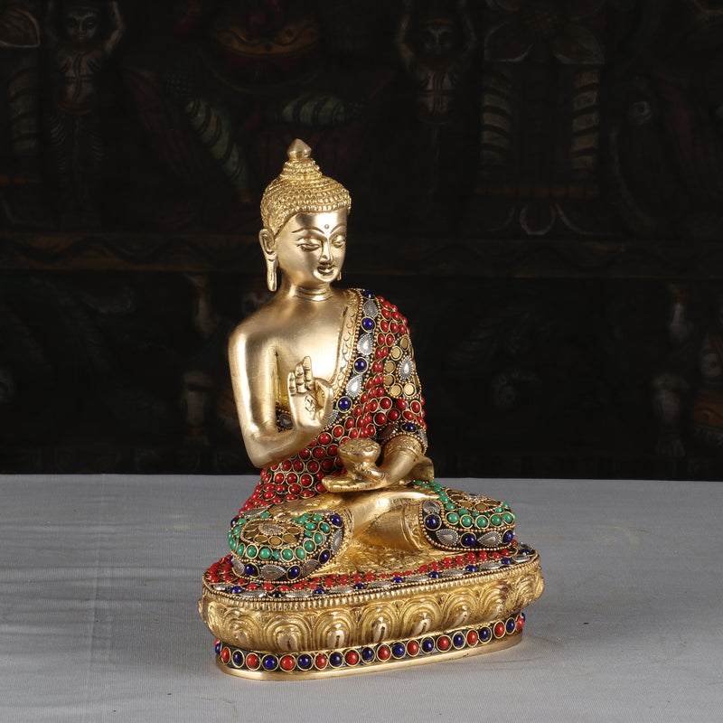 Brass Buddha Idol Sitting On Base Stone Work For Home Decor 9"