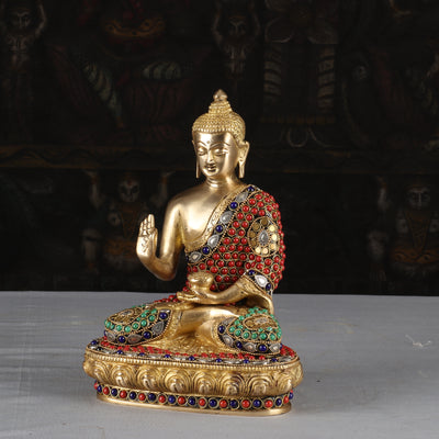 Brass Buddha Idol Sitting On Base Stone Work For Home Decor 9"