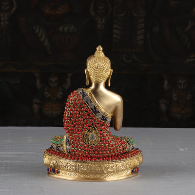 Brass Buddha Idol Sitting On Base Stone Work For Home Decor 9"