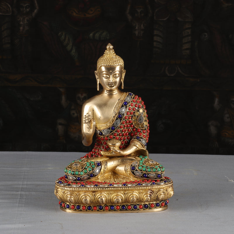 Brass Buddha Idol Sitting On Base Stone Work For Home Decor 9"