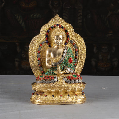 Brass Buddha Statue With Frame Stone Work For Home Decor Showpiece 10"