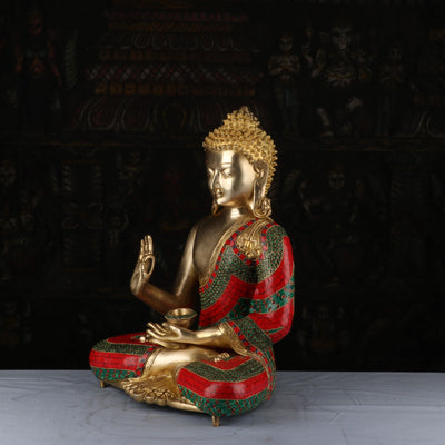 Brass Large Buddha Statue Stone Work For Home Decor Showpiece 20"