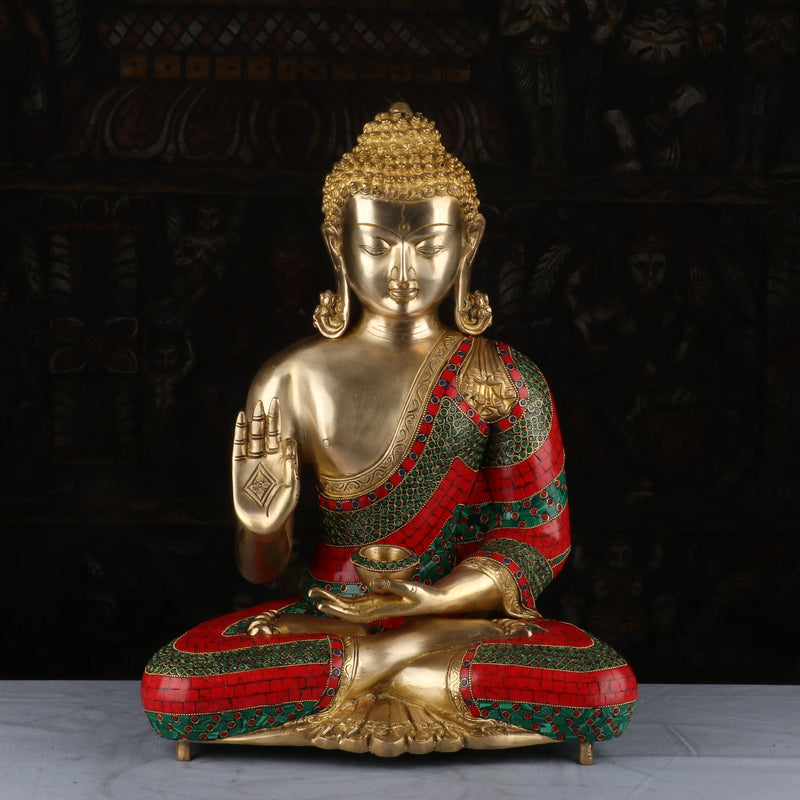 Brass Large Buddha Statue Stone Work For Home Decor Showpiece 20" - 462870