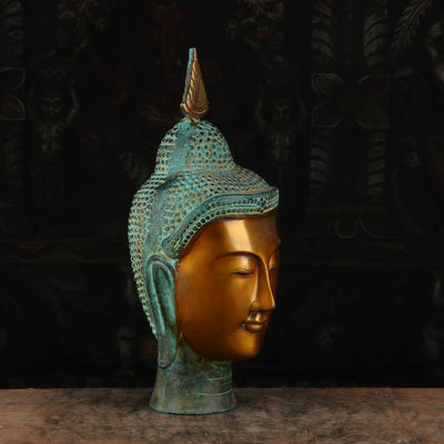 Brass Buddha Head Statue Vintage Green Gold For Home Decor 1 Feet