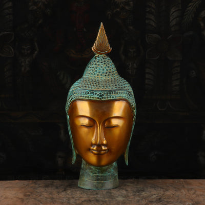Brass Buddha Head Statue Vintage Green Gold For Home Decor 1 Feet - 462873