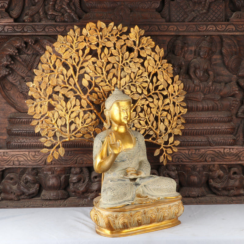 Brass Large Buddha Idol With Tree Antique Finished For Home Decor Showpiece 2 Feet