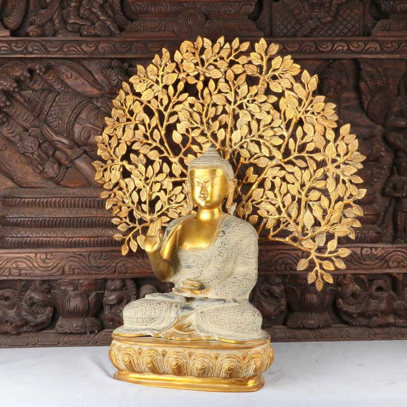 Brass Large Buddha Idol With Tree Antique Finished For Home Decor Showpiece 2 Feet