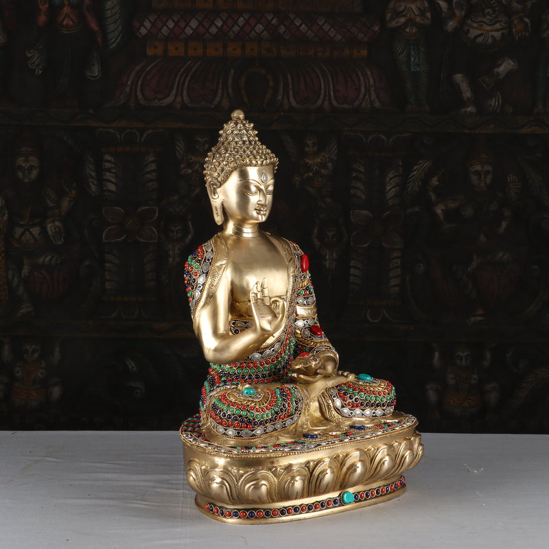 Brass Blessing Buddha Statue Exquisite Stone Work For Home Decor 1.5 Feet