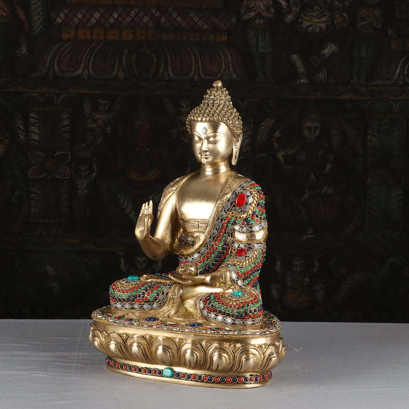 Brass Blessing Buddha Statue Exquisite Stone Work For Home Decor 1.5 Feet