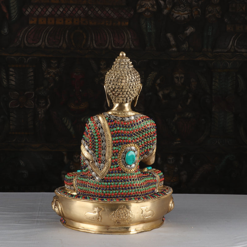 Brass Blessing Buddha Statue Exquisite Stone Work For Home Decor 1.5 Feet