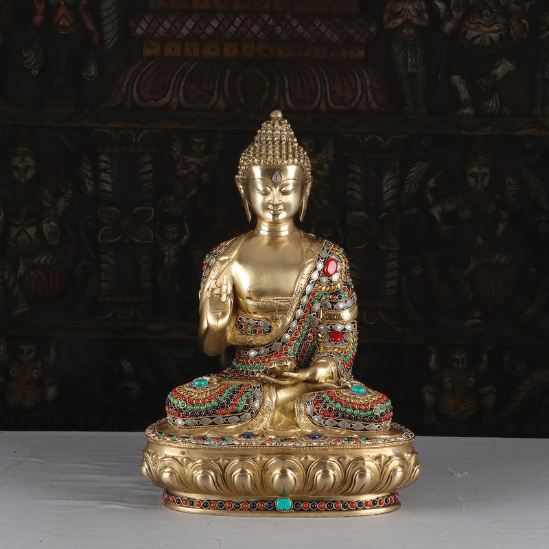 Brass Blessing Buddha Statue Exquisite Stone Work For Home Decor 1.5 Feet