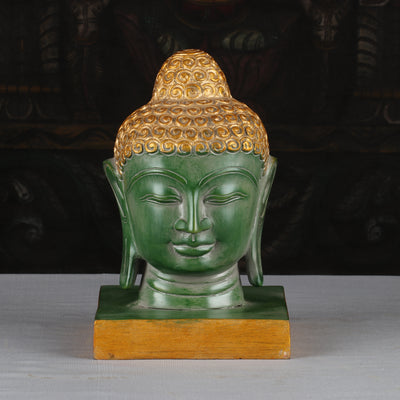 Brass Buddha Head Statue Vintage Green Showpiece For Home Decor 9" - 462881