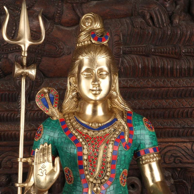 Brass Lord Shiva Statue With Stone Work For Home Temple Decor 1.5 Feet