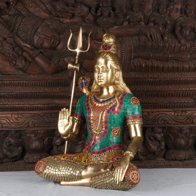 Brass Lord Shiva Statue With Stone Work For Home Temple Decor 1.5 Feet