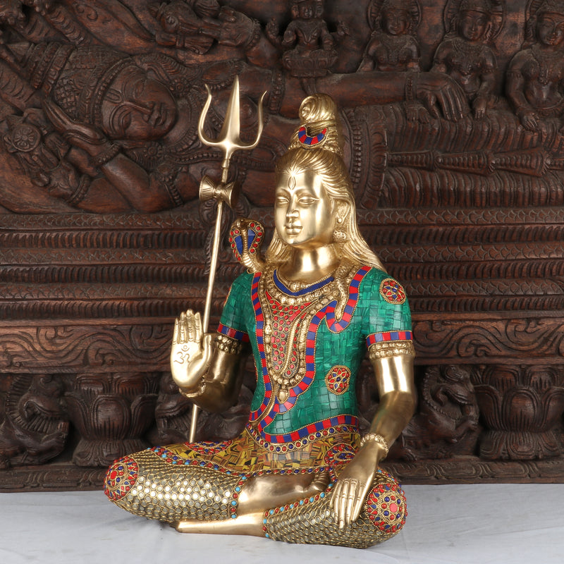 Brass Lord Shiva Statue With Stone Work For Home Temple Decor 1.5 Feet