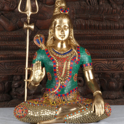 Brass Lord Shiva Statue With Stone Work For Home Temple Decor 1.5 Feet