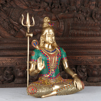 Brass Lord Shiva Statue With Stone Work For Home Temple Decor 1.5 Feet