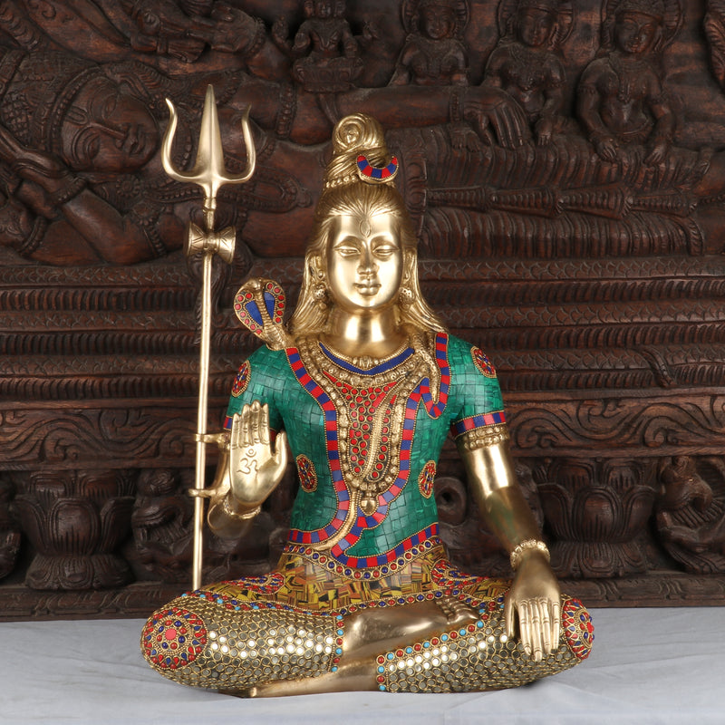 Brass Lord Shiva Statue With Stone Work For Home Temple Decor 1.5 Feet - 462885