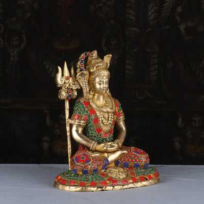 Brass Lord Shiva Statue in Meditation Stone Work For Home Decor 10"