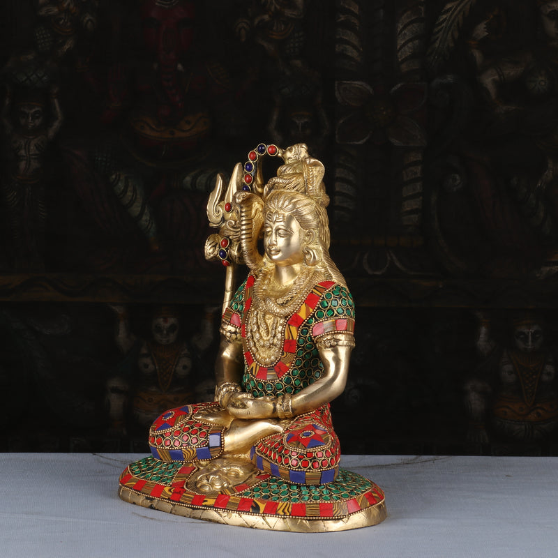 Brass Lord Shiva Statue in Meditation Stone Work For Home Decor 10"