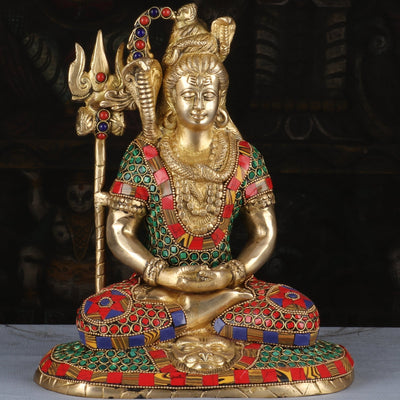 Brass Lord Shiva Statue in Meditation Stone Work For Home Decor 10"