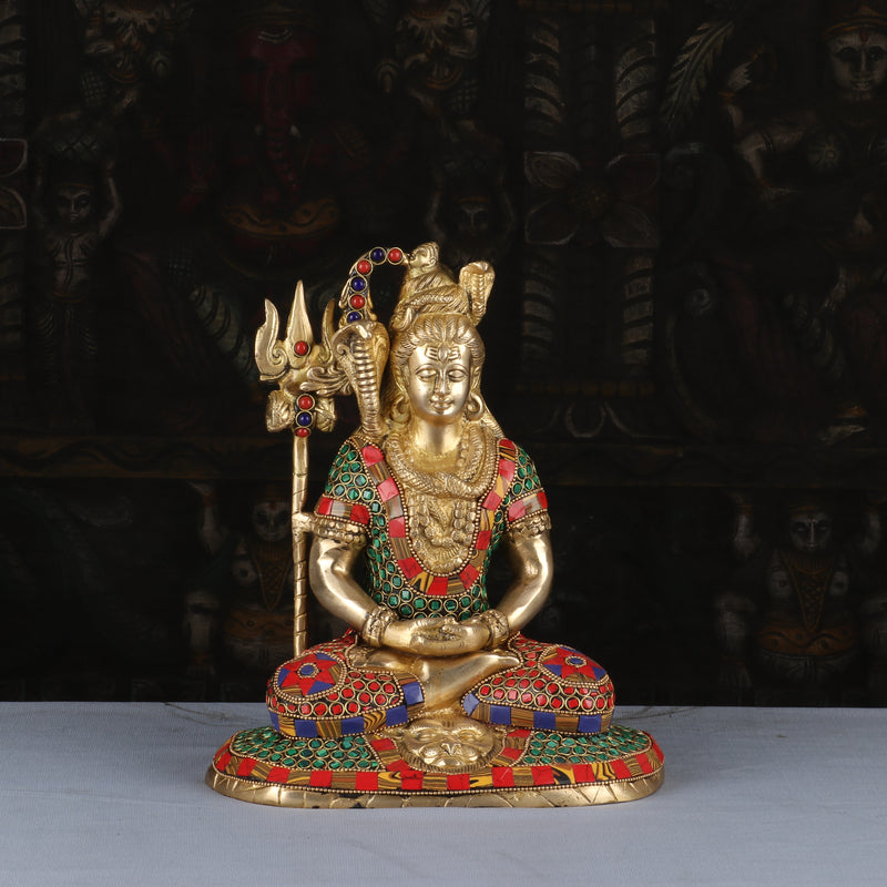 Brass Lord Shiva Statue in Meditation Stone Work For Home Decor 10" - 462892