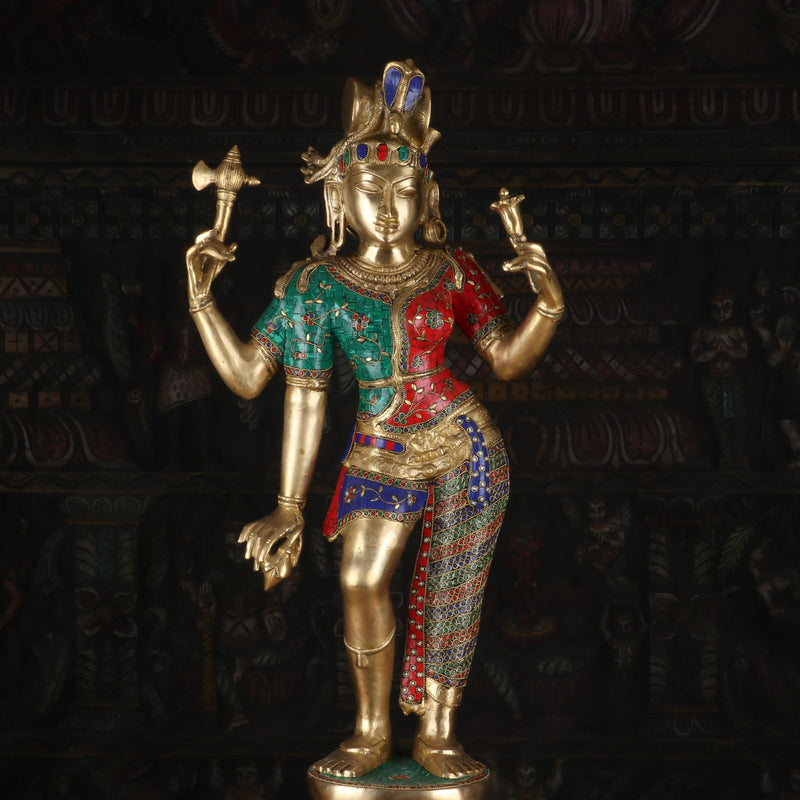 Brass Large Lord Shiva Ardhanarishawar Statue Stone Work For Decor 3 Feet