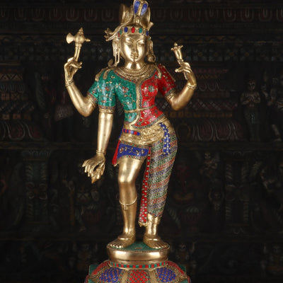 Brass Large Lord Shiva Ardhanarishawar Statue Stone Work For Decor 3 Feet