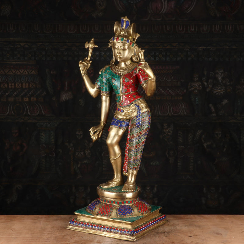 Brass Large Lord Shiva Ardhanarishawar Statue Stone Work For Decor 3 Feet