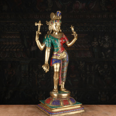 Brass Large Lord Shiva Ardhanarishawar Statue Stone Work For Decor 3 Feet