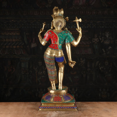 Brass Large Lord Shiva Ardhanarishawar Statue Stone Work For Decor 3 Feet