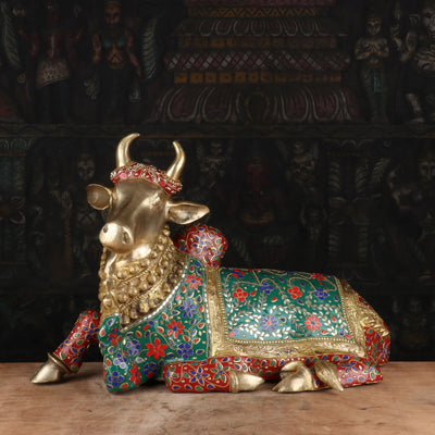 Brass Nandi Statue Stone Work Finished Idol Decor 1.5 Feet