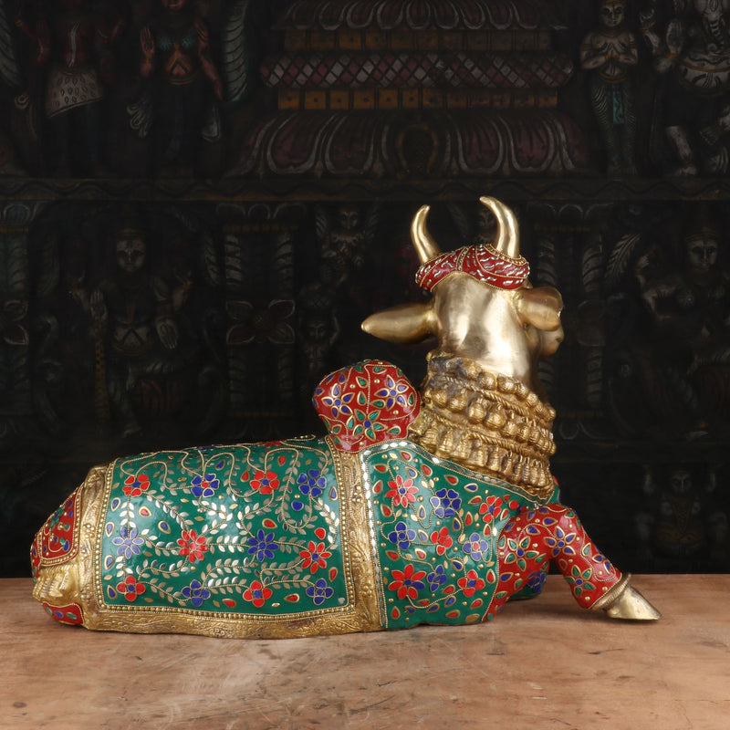 Brass Nandi Statue Stone Work Finished Idol Decor 1.5 Feet