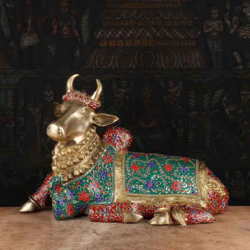 Brass Nandi Statue Stone Work Finished Idol Decor 1.5 Feet