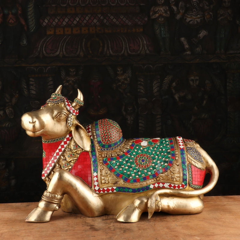 Brass Nandi Statue Stone Work Finished Idol Showpiece Decor 14"