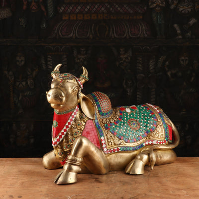 Brass Nandi Statue Stone Work Finished Idol Showpiece Decor 14"