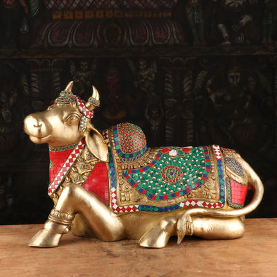 Brass Nandi Statue Stone Work Finished Idol Showpiece Decor 14"