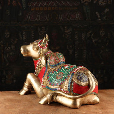 Brass Nandi Statue Stone Work Finished Idol Showpiece Decor 14"