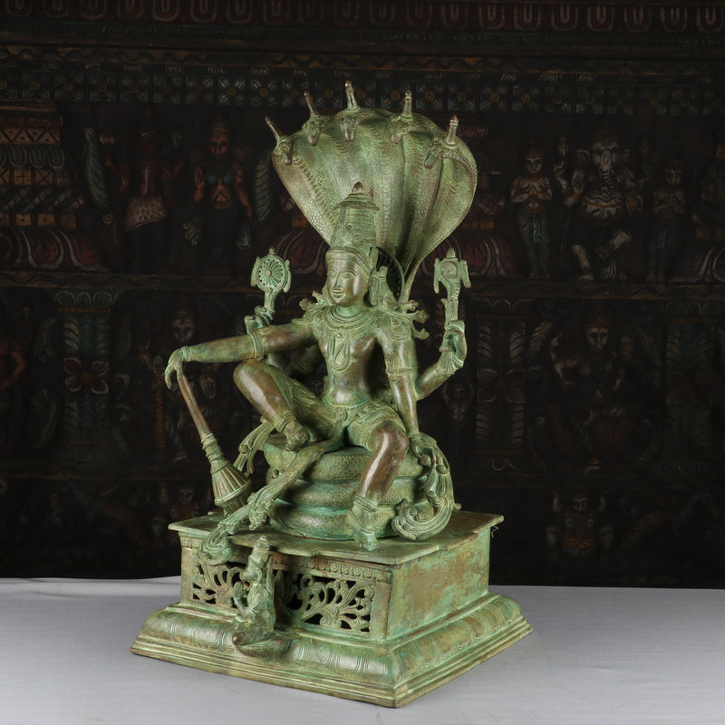 Brass Large Sitting Lord Vishnu Statue Antique Finished Idol Religious Decor 2.5 Feet