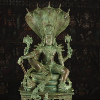 Brass Large Sitting Lord Vishnu Statue Antique Finished Idol Religious Decor 2.5 Feet